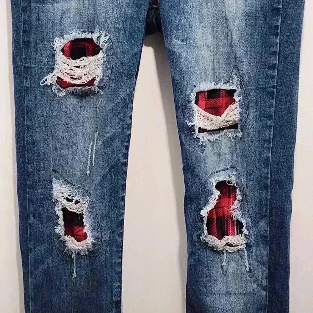 Judy Blue Distressed Buffalo Plaid Skinny Jeans Size 9/29 - Picture 3 of 15